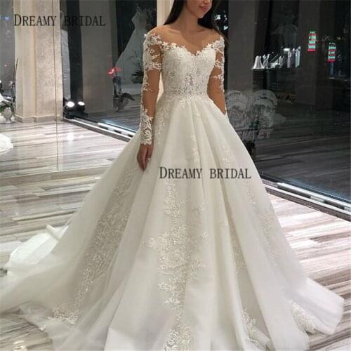 Long Sleeve Illusion Wedding Dresses Muslim Beaded Sequined Lace Bridal Gowns Ball Gown Chapel train