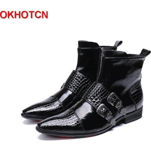 Fashion Plaid Mens Boots Shoes Genuine Leather Winter Boots Men Buckle Strap Safety Shoes Men Handmade Pointed Toe Work Shoes