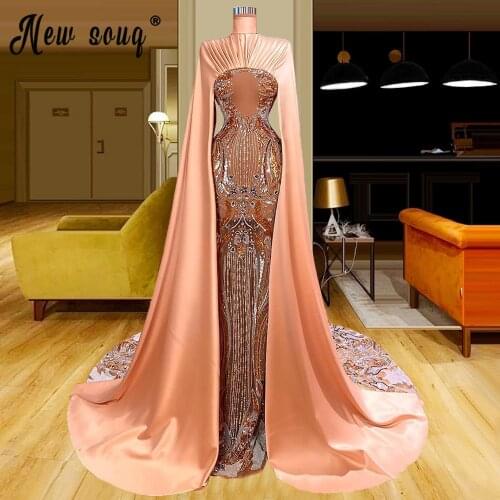 Muslim Evening Dresses 2021 High Neck Beaded with Rhinestones Party Dress Dubai Kaftan Prom Dress with Detachable Cape Sleeves
