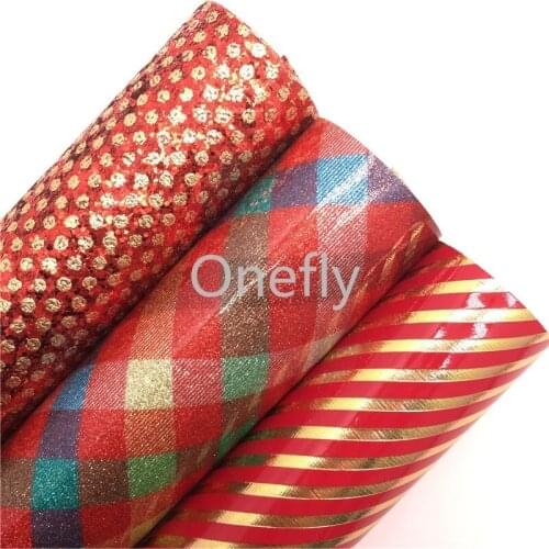 Onefly 21X29CM Tartan Printed Glitter Leather, Dots Glitter Fabric, Stripes Faux Fabric Sheets For Bow DIY handbags shoes AQ014