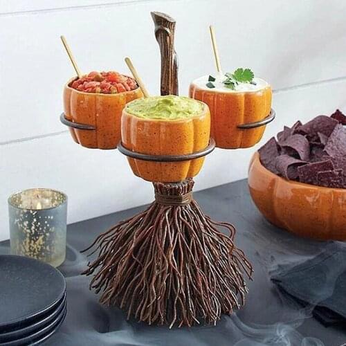 Halloween Pumpkin Snack Bowl Stand Fruit Plate With Wood Holder Candy Plate Bowl Kitchen Party Decoration Food Serving Tray