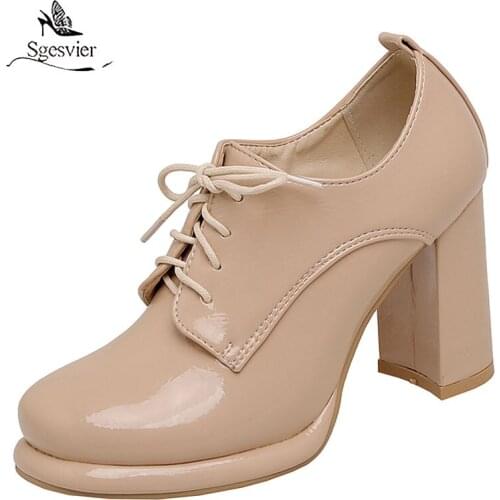 Sgesvier Luxury Brand Patent PU Leather Block High Heels Lace-up Mature Office Lady Pumps Pink Womens Heels Shoes Plus Size 43