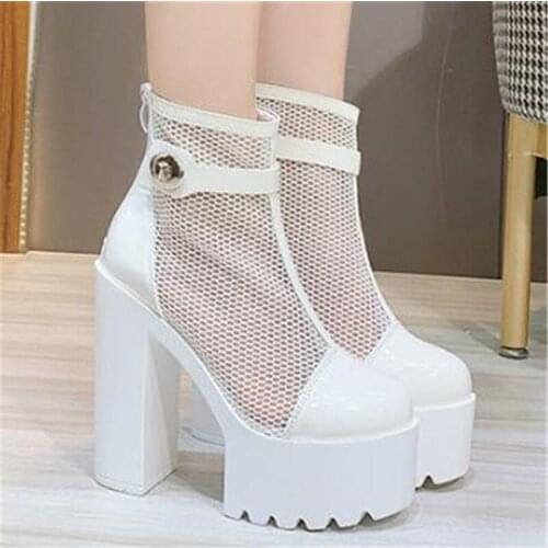 Women Sandals 14.5CM Thick High Heels Platform Gladiator Waterproof Sandals Woman Mesh ZIP Round Toe Party Wedding shoes woman