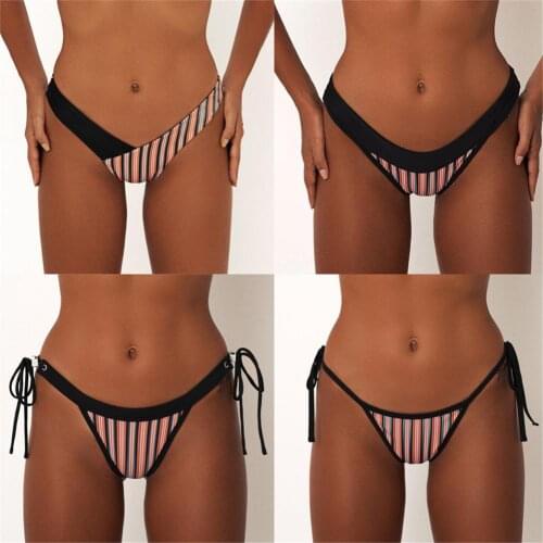 Strip Print Sexy Woman Top Notch Tie Bikini Bottom Medium Rise Swimwear Female Beach Wear Ladys Hipster Briefs