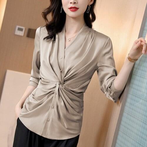 100% Silk Shirt Blouse Women Pleated Spring Summer Soft Natural Red Gray Xl L M S Tops Pullover Mulberry Silk T-shirt