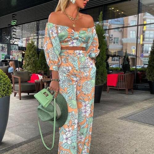 Wefads Women Fashion Autumn 2 Piece Sets Print suits Summer Beach Streetwear Autumn 2 Piece SetsTops +Elegant Long Pants