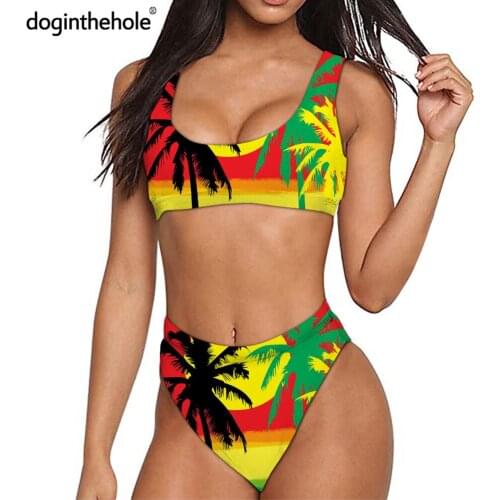 Jamaica Flag Tropical Tree Print Women 2PCS Sport Bikini 2020 Summer Bathing Suit Push Up Fitness Bra Sexy Beachwear Biquinis