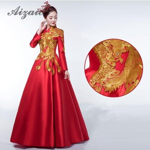 Red Embroidery Phoenix Women Cheongsam Dress Traditional Evening Gown Bride Traditions Wedding Qipao Oriental Style Dresses