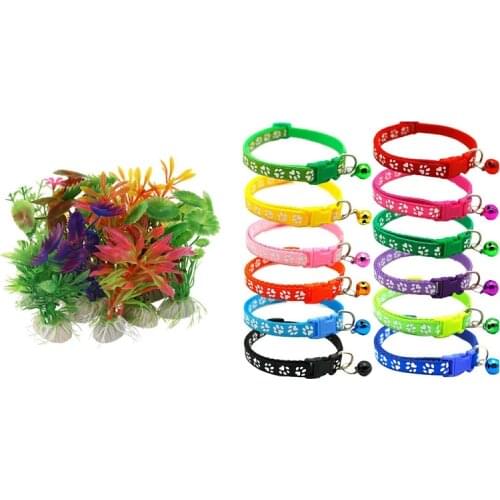 10 X Mixed Artificial Aquarium Fish Tank Water Plant Plastic Decoration Ornament with 12 X Cat Collar and Bell