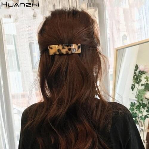HUANZHI 2020 Vintage Acetate Multicolor Geometric Rectangle Leopard Print Horsetail Clip 8.5cm for Women Girl Hair Accessories