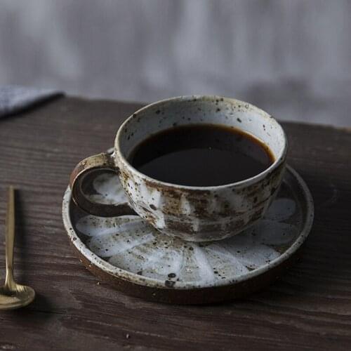 210ml Japanese-style Art Coffee Cup with Saucer Kit All Handwork Ceramic Coarse Pottery Cups Master Milk Mug Mugs Drinkware Gift