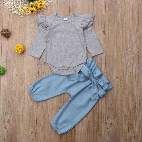 Fashion Spring Autumn Girl Clothes Suit Carters Newborn Baby Girl Tops Romper Bowknot Denim Pants 3Pcs Autumn Outfits Clothes