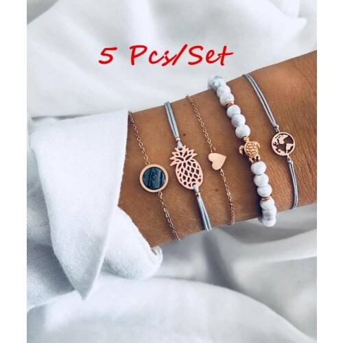 5 Pcs/set Personality Women Fashion Beach Peach Heart Turtle Pineapple Beads Bracelet Set Bohemian Vintage Jewelry Accessories