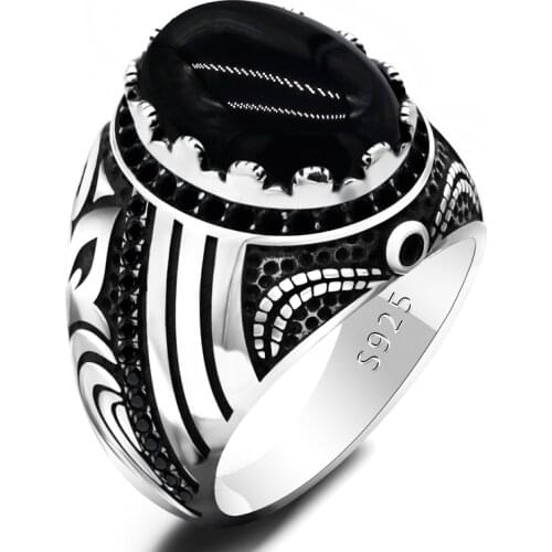Big Black Agate Stone Ring for Men Real 925 Sterling Silver Prong Setting Gemstone Vintage Ring Turkish Handmade Jewelry Gift