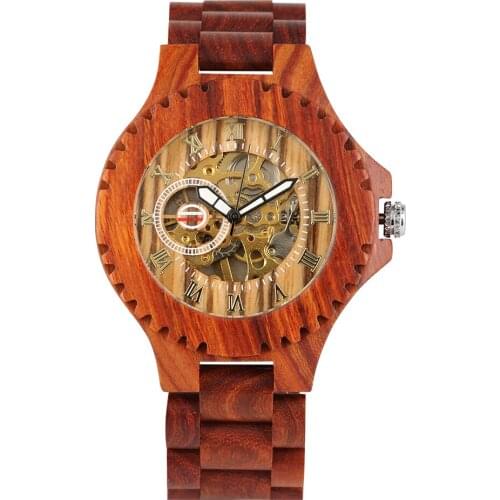 Automatic Mechanical Wooden Watch for Men Exquisite Hollow Out Wooden Watch for Women Red Brown Band Wooden Wristwatch for Lady