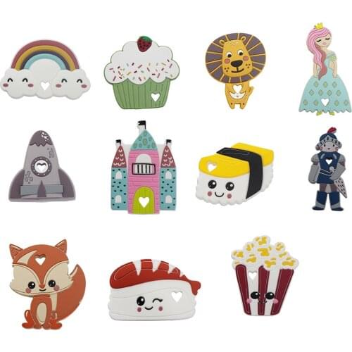 Chenkai 10PCS Silicone Princess Soldier Lion Castle Rocket Sushi Rainbow Cake Fox Teething DIY Baby Dummy Necklace Accessory