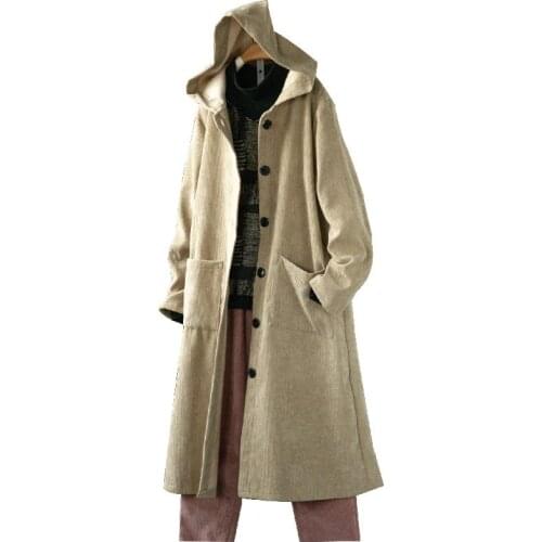 Long Cardigan Robes Outwear Corduroy Jacket Windbreaker Women 2021 Autumn Winter New Loose Large Size Plus Velvet Thick Hooded