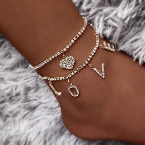 Flatfoosie Multi-layer Crystal Tennis Chain Anklets Bracelet For Women Bling Rhinestone LOVE Heart Anklet New Foot Jewelry Gifts