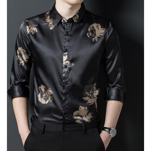 Black White Smooth Satin Clothes For Mens Fashion Clothing Large Sizes Silk Elegant Man Work Shirts Flowers Stylish Blouse Loose
