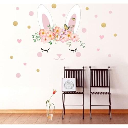 Cute pink flowers bunny wall stickers childrens room bedroom living room decoration stickers wallpaper Home landscaping decals