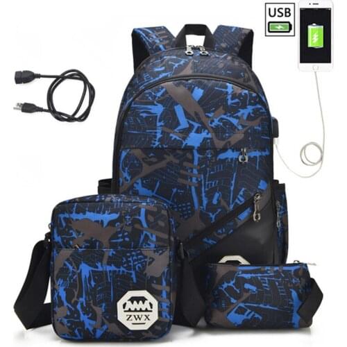 3 Pcs /set Usb Male Backpacks For Men Shoulder Bag School Bags Canvas Backpack Travel Laptop Backpack Mochila Masculina