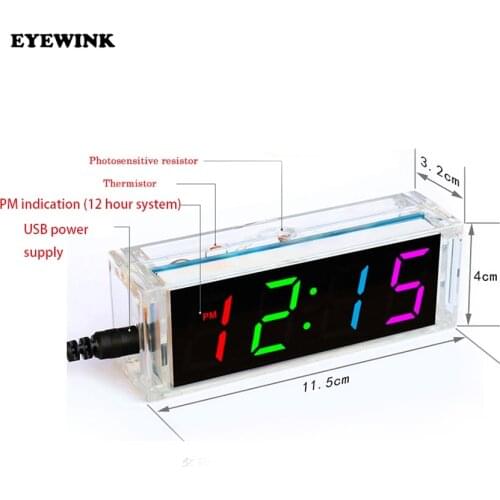 Diy electronic clock kit 4 digital tube multicolor LED time week temperature date display with clear case cover diy sodering kit