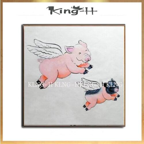 Low Price Hand-painted Modern Animal Flying pig Lovely Pig Oil Paining on Canvas Cute Animal Pig Girl with Dress