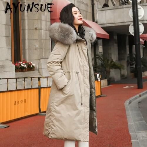 90% White Duck Down Jacket Women Two Side Wear Raccoon Fur Collar Puffer Jacket Women Down Coat Warm Parka YT717F240-3 YY1634