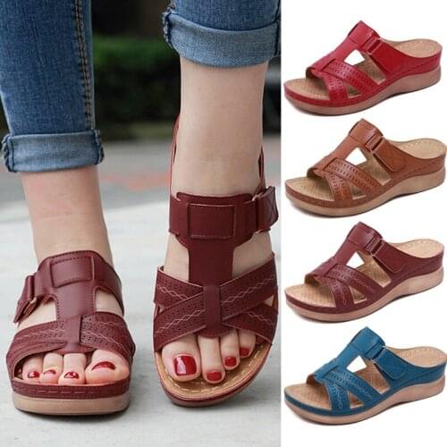 2021 Summer Women Premium Orthopedic Open Toe Sandals Vintage Anti-slip Breathable Leather Casual Female Platform Retro Shoes