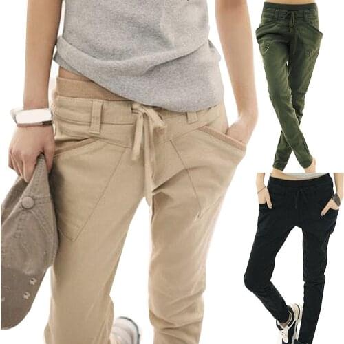 Chic Women Solid Color Drawstring Elastic Waist Pencil Pants Trousers