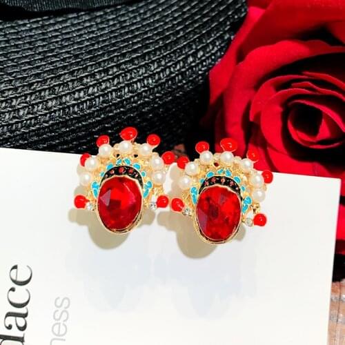 TIMEONLY Vintage Chinese Drama Mask Dangle Earrings Red Crystal Faux Pearl Earring Unique Design Jewelry for Women Ethnic Style