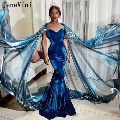 JaneVini Velvet Blue Mermaid Evening Dresses Plus Size Sweetheart Cap Sleeves Floor Length Sexy Women Dinner Gown Vestidos Festa