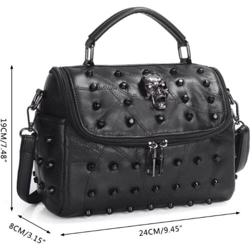 Women Split Sheep Leather Messenger Rivet Skull Tote Handbag Travel Crossbody Satchel Purse Top Handle Bags
