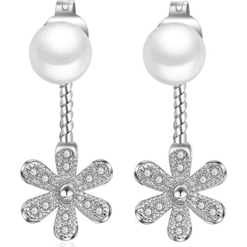 S925 Silver Earring Crystal Sparkling Daisy and Pearl Stud Earring For Women Wedding Gift Lady Girl Fashion Zircon Jewelry