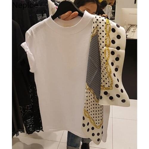 Neploe Polka Dot Scarf Patchwork Summer 2021 Women Top New Fashion O-Neck Short Sleeve Tees Korean Chic Loose T Shirts 43392
