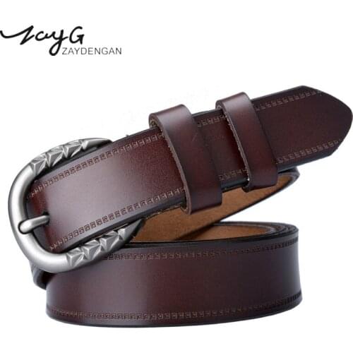 ZAYG Leather Belts for Women Pin Buckle vintage Female Waist band luxury black Genuine Leather Womens jeans Belt Dress Belt
