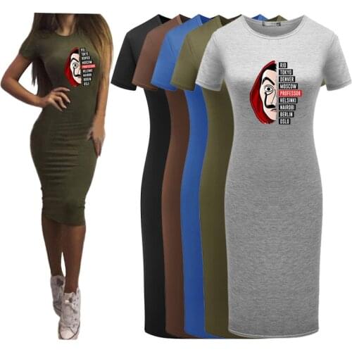 Plus Size Women Bodycon Dress La Casa De Papel Dresses Midi Sexy Short Sleeve Money Heist Print Package Hip Party Vestidos Robe