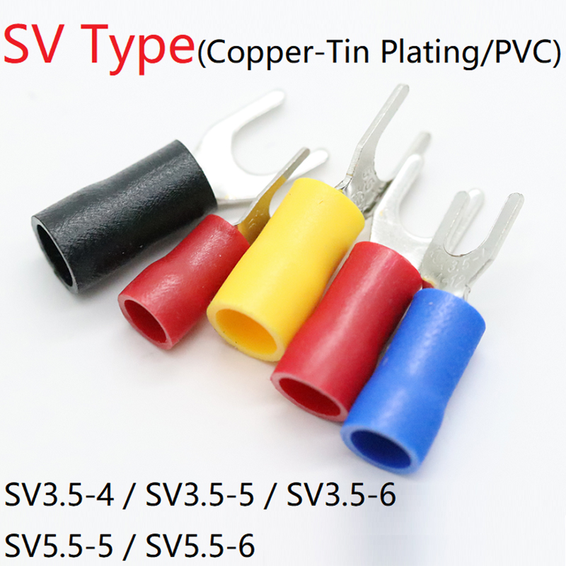 20pcs SV Type Wire Spring Terminal SV3.5 SV5.5 Fork U Y PVC Insulate Ferrules Block Spade Cold Press Cable End Crimp Connector