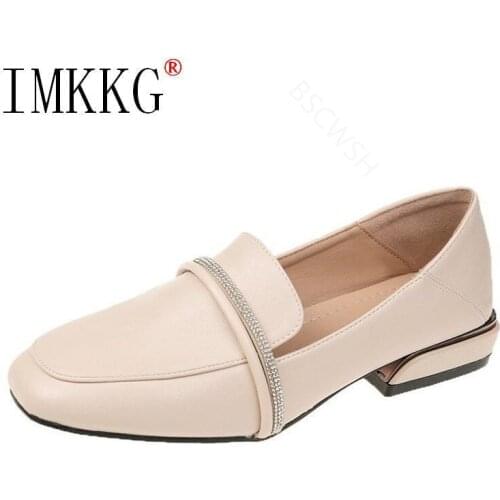 Brand Loafers For Women 2021 Shoes Thick Heel Ladies Pumps Leather Square Toe Crystal Square Heels Party Handmade Shoes Women