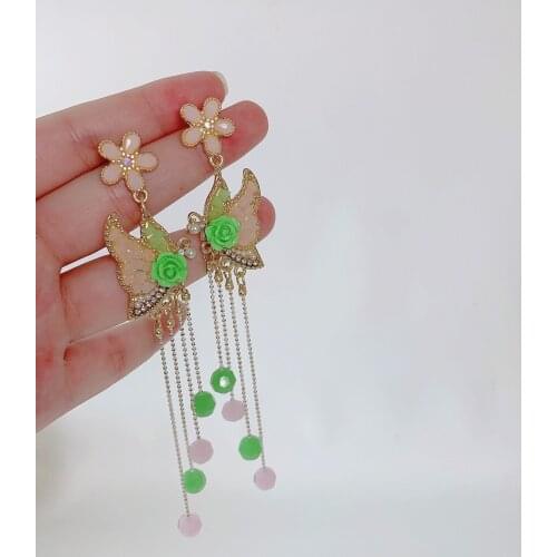 Long Tassel Resin Flower Butterfly Drop Earrings For Women Vintage Hyperbole Personality Crystal Earrings