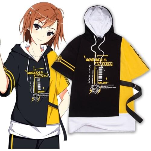 Anime Toaru Kagaku no Railgun Misaka Mikoto Cosplay T-Shirts Short Sleeve Hooded Top Unisex Patchwork Cotton Shirt