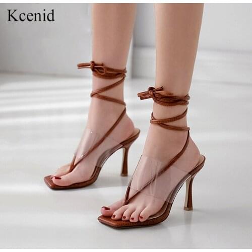 Kcenid Sexy strappy sandals women stiletto high heels thong sandals street fashion ankle strap square toe ladies shoes size 41