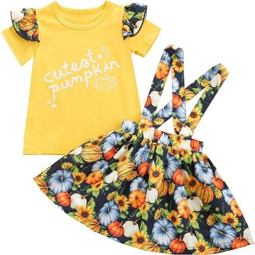 2Pcs Toddler Girls Halloween Outfits Set Short Sleeve Letter Print Top Suspender Skirt Set Clothes Kids Children Infant 1-6Years
