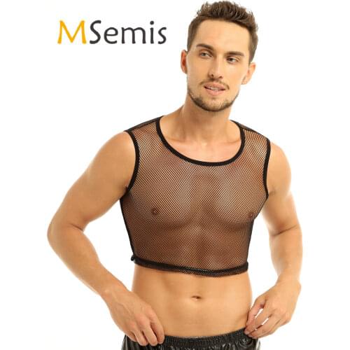 MSemis Mens Gym Clubwear Vest Top Sleeveless See-through Mesh Fishnet Muscle Vest Tank Top Summer T-Shirt Evening Party Costume