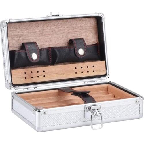 Desktop Portable Humidor Case Cigar Box Suitcase Cedar Wood Aluminum Exterior Outdoor Travel Case for Cigar Lovers