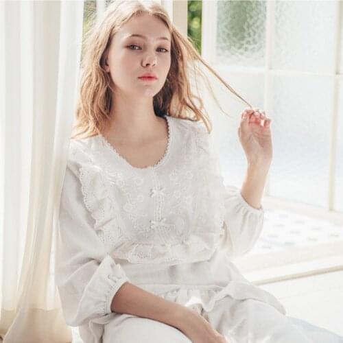 Nightdress Women Autumn And Winter New Sweet 100% Cotton Korean Edition Girl Embroidery Palace Style Lace Sleepwear Suit