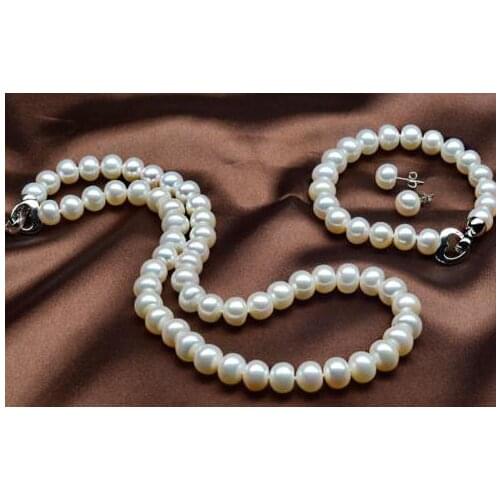 Handmade Real Pearl Jewelry Set AA 7-8MM White Oblateness Freshwater Pearl Necklace Bracelet Earrings Charming Woman Gift