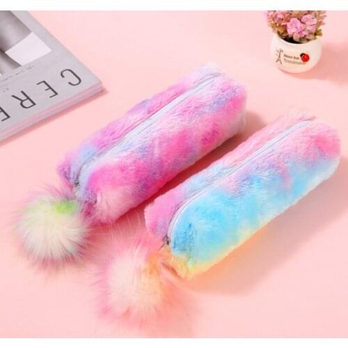 Zipper Hair Ball Pen Bag Rainbow Plush Pencil Case Large Capacity Pencil Pouch Kids Girls Gift School Stationery Supplies