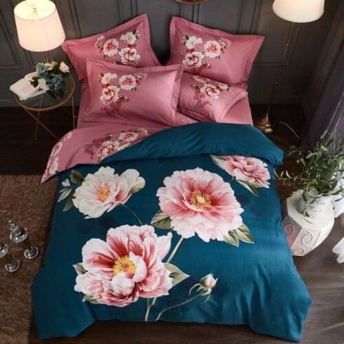 Blue 100% Cotton Sanding Printed Flower Bedding Set Wedding Bed Sheet set Duvet Cover Pillowcase Queen King 4pcs rose lily blue