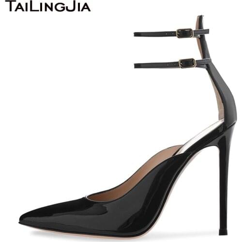 Women High Heels Party Pumps Pointed Toe Stilettos Elegant Black Patent Leather Ankle Strap Bukle Fashion 2019 Office Shoes